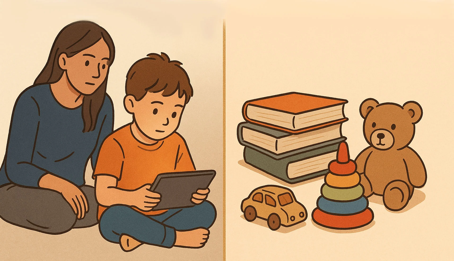 Child with ADHD and screen time management, balancing tablet use with learning and play