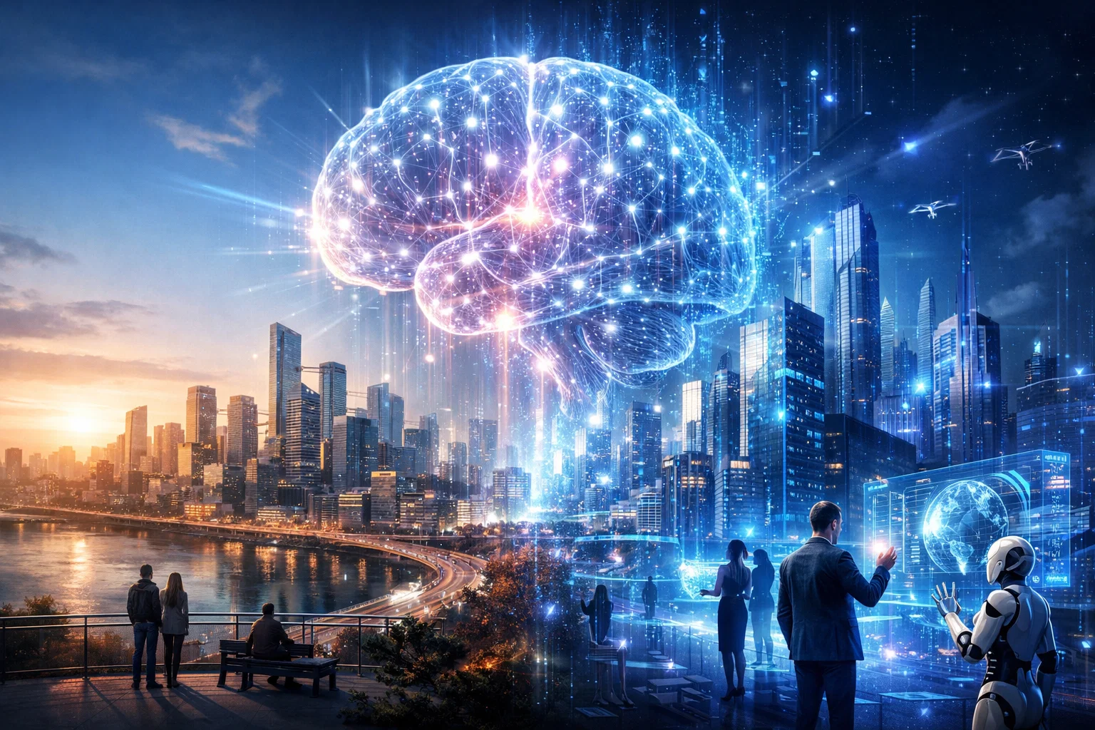 Illustration of artificial intelligence transforming industries, showing AI in healthcare, education, and daily life