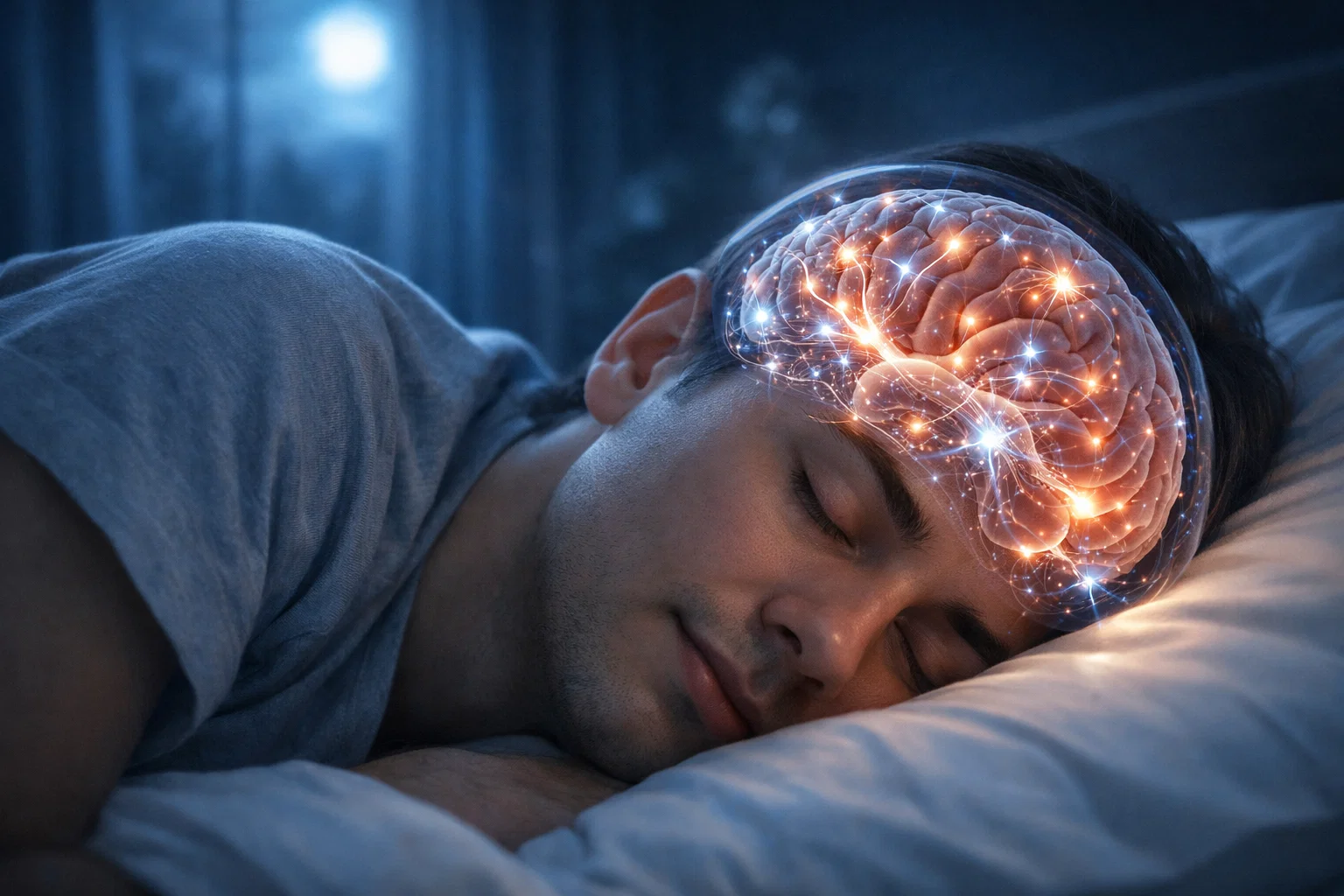 Illustration showing brain activity during sleep, highlighting REM and NREM stages and the glymphatic system for brain detox