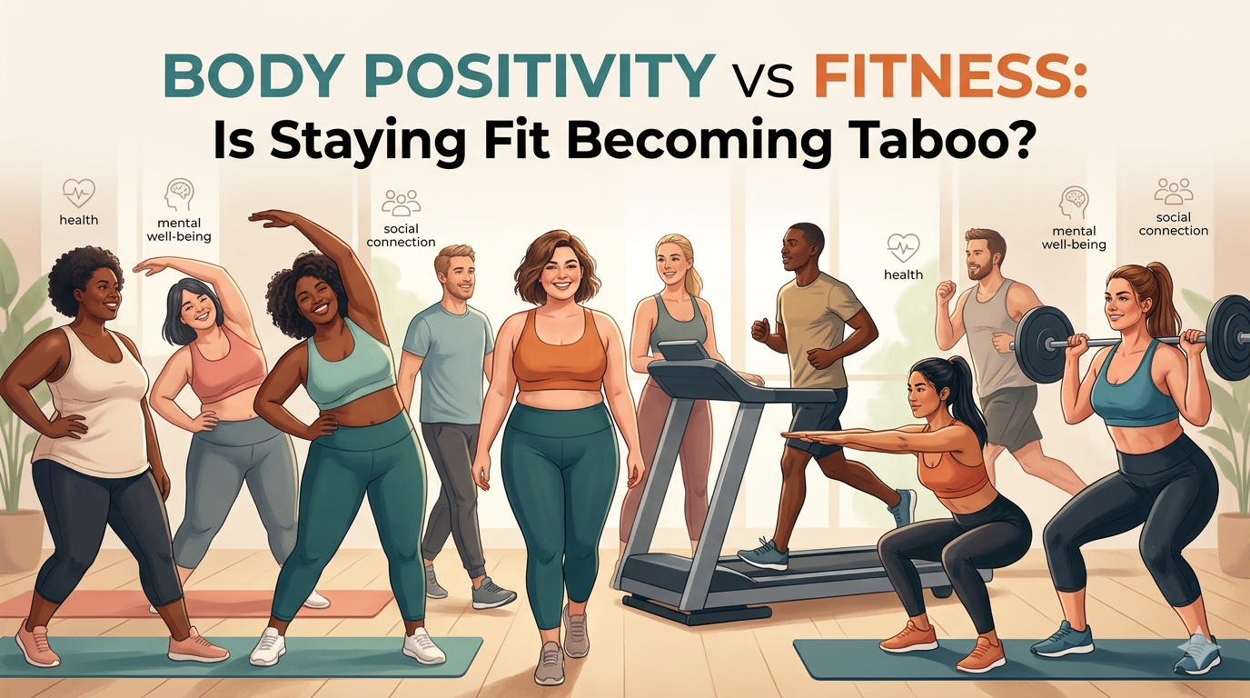 A diverse group of people exercising in a gym setting, illustrating the balance between body positivity vs fitness and the discussion around fitness becoming taboo.
