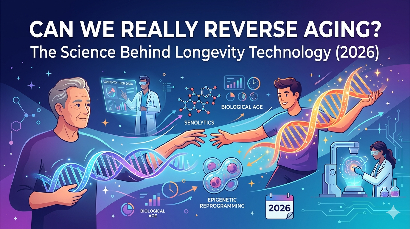 An illustrated blog banner showing an elderly man transforming into a younger version of himself through a DNA double helix, representing the question: **can we reverse aging** with 2026 longevity technology.