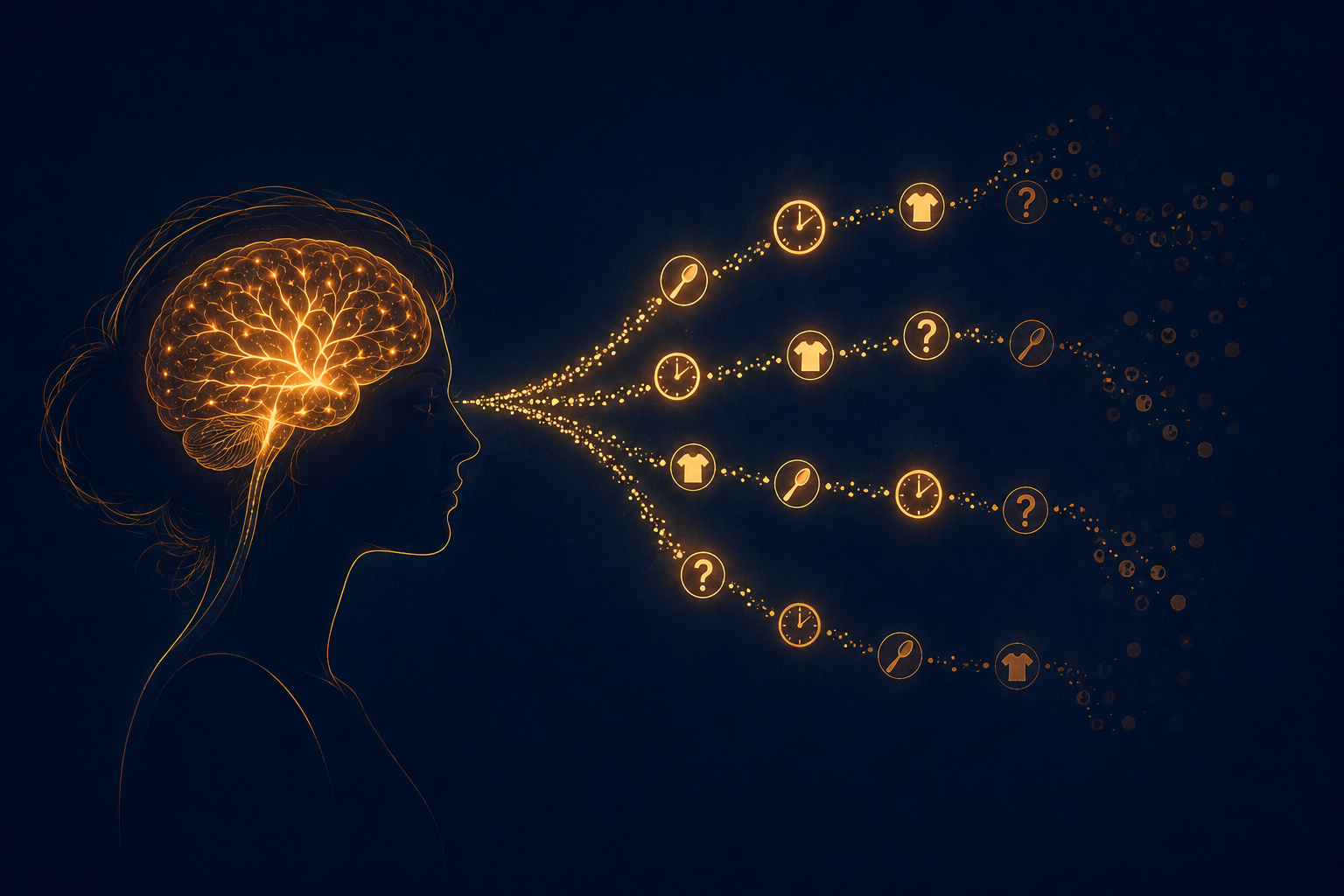 Illustration showing decision fatigue as part of the mental load of motherhood, with dimming icons along a path