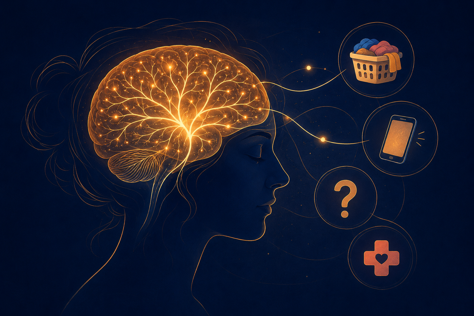Illustration of the maternal brain switching rapidly between tasks, representing the mental load of motherhood